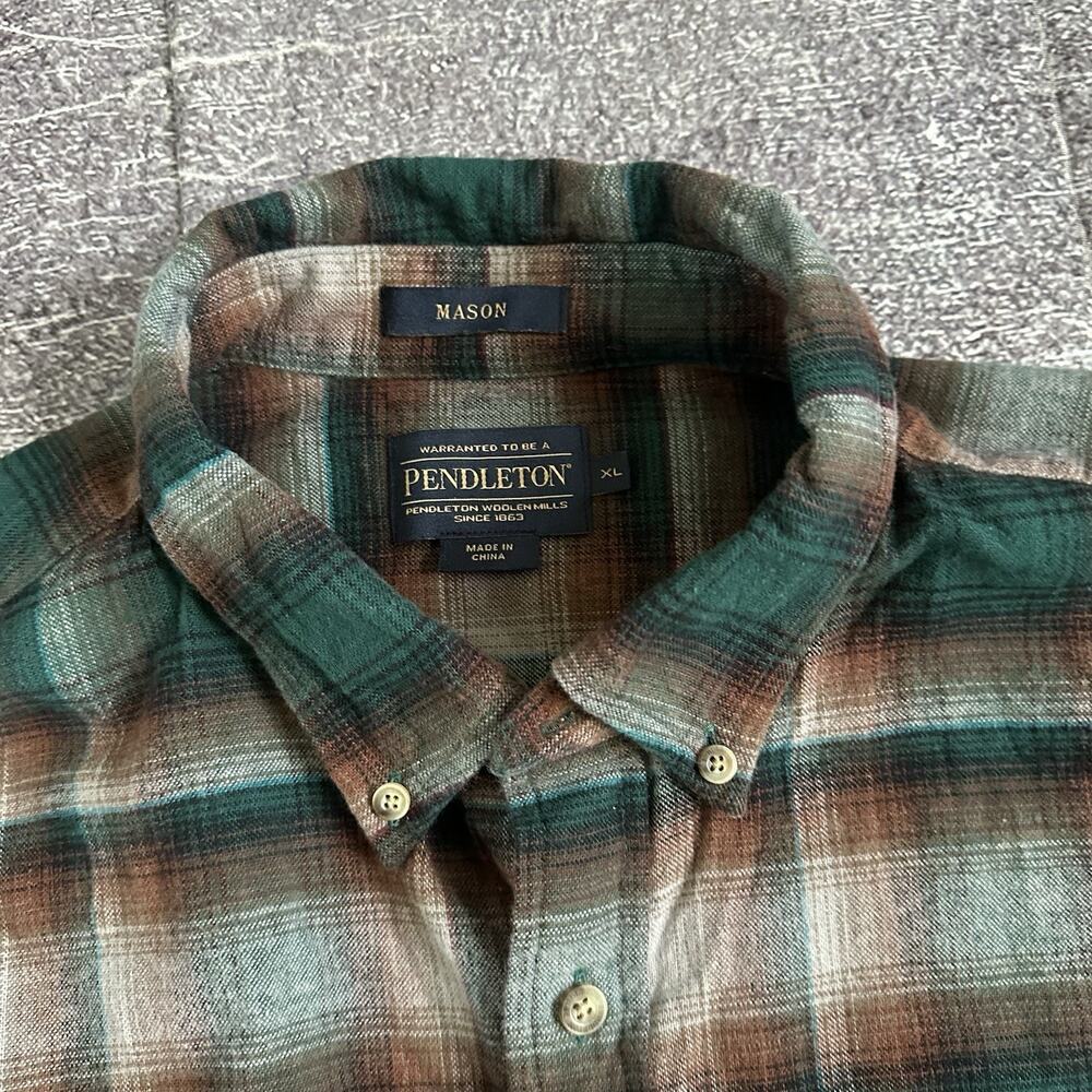 Men's Pendleton Mason Forest Green Brown Plaid Flannel Button Up L/S Shirt Sz XL